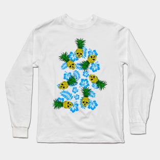 tropical pineapple skull in blue Long Sleeve T-Shirt